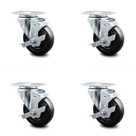 Service Caster 4 Inch Hard Rubber Wheel Swivel Top Plate Caster Set with Brake SCC-20S414-HRS-TLB-4